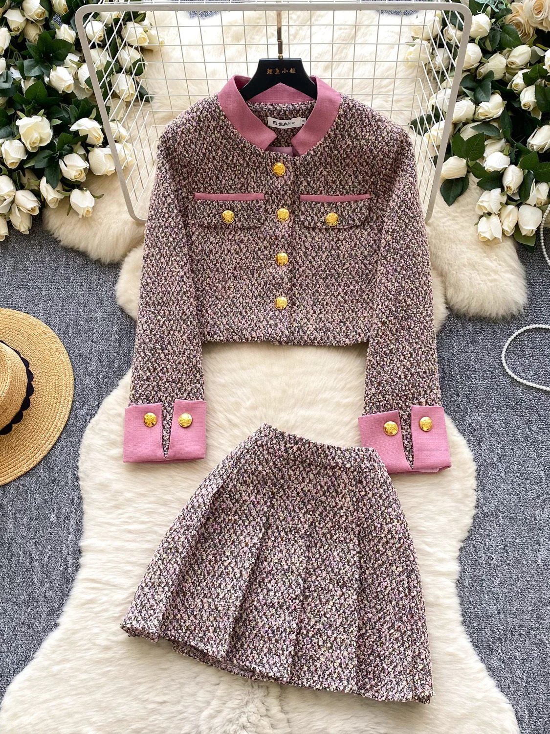 Faionable Tweed Set Womens Autumn Sli Anti-Aging Long Sve Metal Bule Wide Leg ort Skirt High Waist Pleated 251205