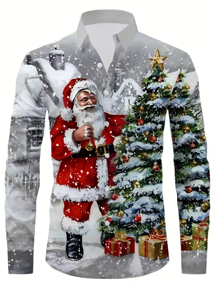 Christmas Mens Shirt with Buttons Long Sleeve Fun Outdoor Holiday Spring-Autumn 3D Printed Collar Quick Delivery 251205