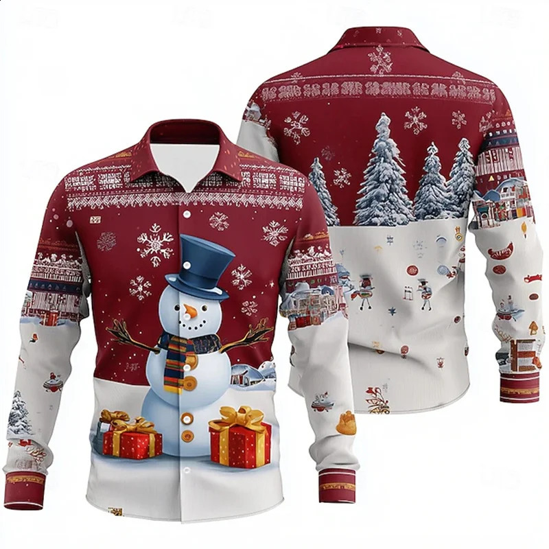 Christmas Mens Snowman Snowflake Santa Claus Shirt Button Long Sleeve Fun Outdoor Festival Autumn Lapel 3D Printed Red Shirt 251205