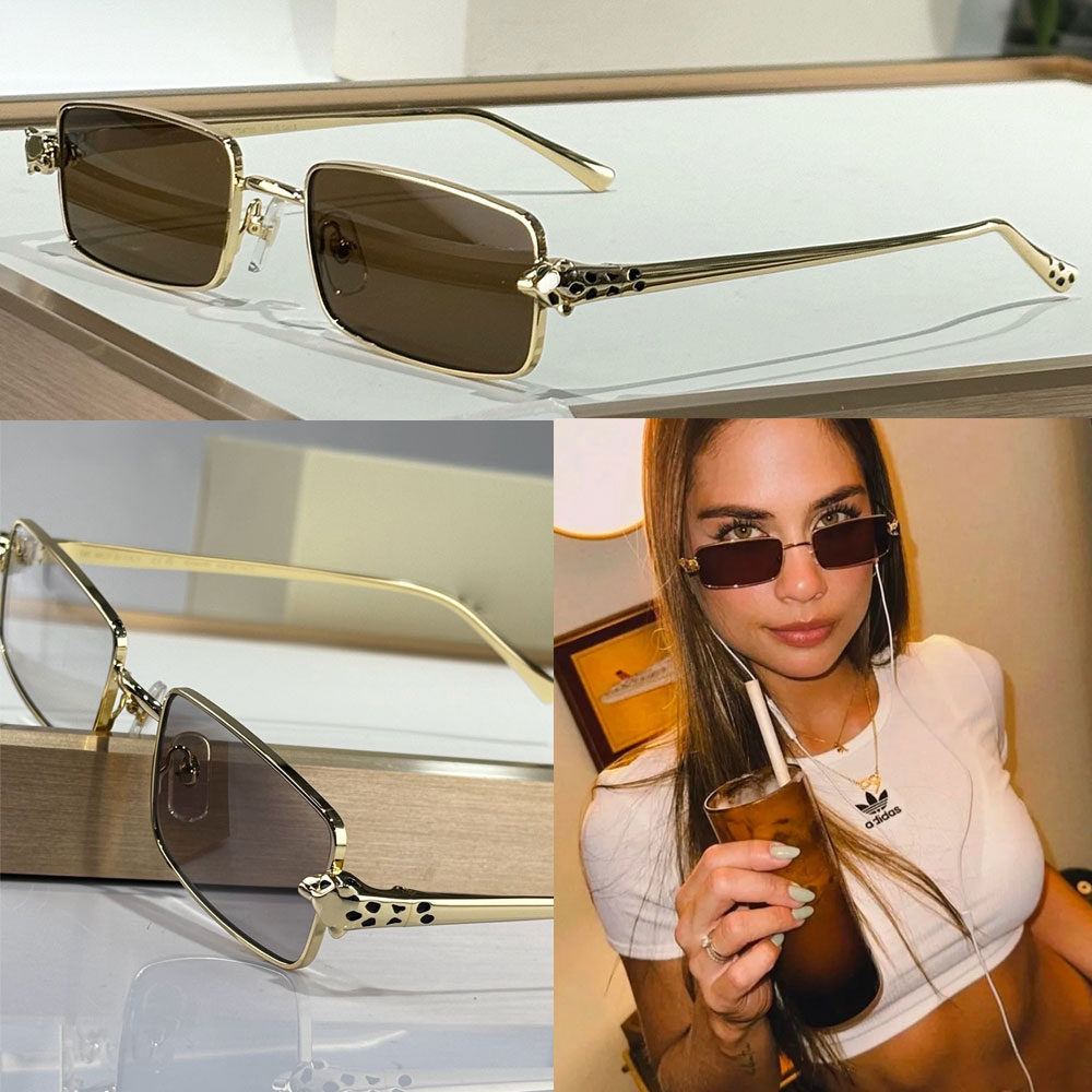PANTHERE DE SUNGLASSES womens designer metal frame sunglasses rectangular gray lenses classic retro style mens signature sign eyeglasses with box CT