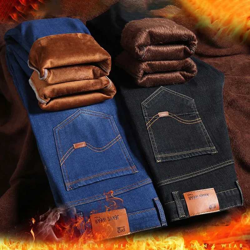 Men Winter Warm Minimalist Jeans Male Fleece Lined Thickened Denim Pants Slim Fit Elasticity Casual Comfortable Trousers M251209