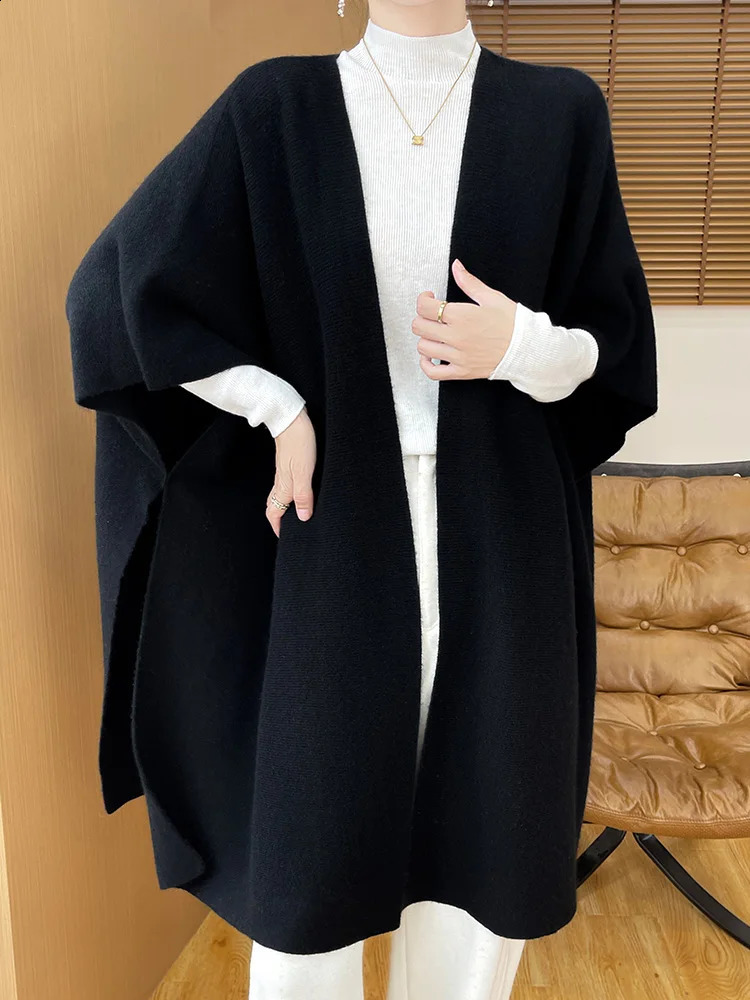 Women 100 Merino Wool Cape Scarf Cardigan Sweater Autumn Winter Soft Warm Wool Knitting Shawl Office Lady Grace Style Capes 251204