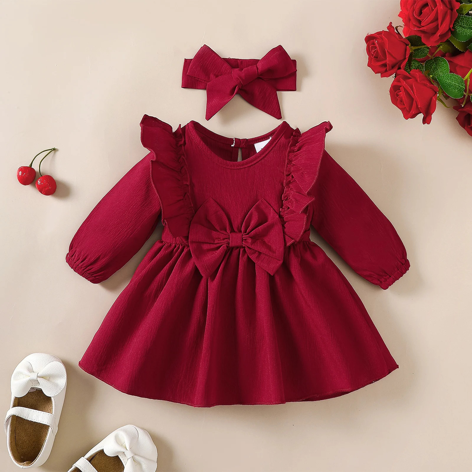 Abito autunnale per bambina con bordi arricciati e fiocco Abito a maniche lunghe Fascia per capelli per 018 mesi Costume da festa carino per le vaca