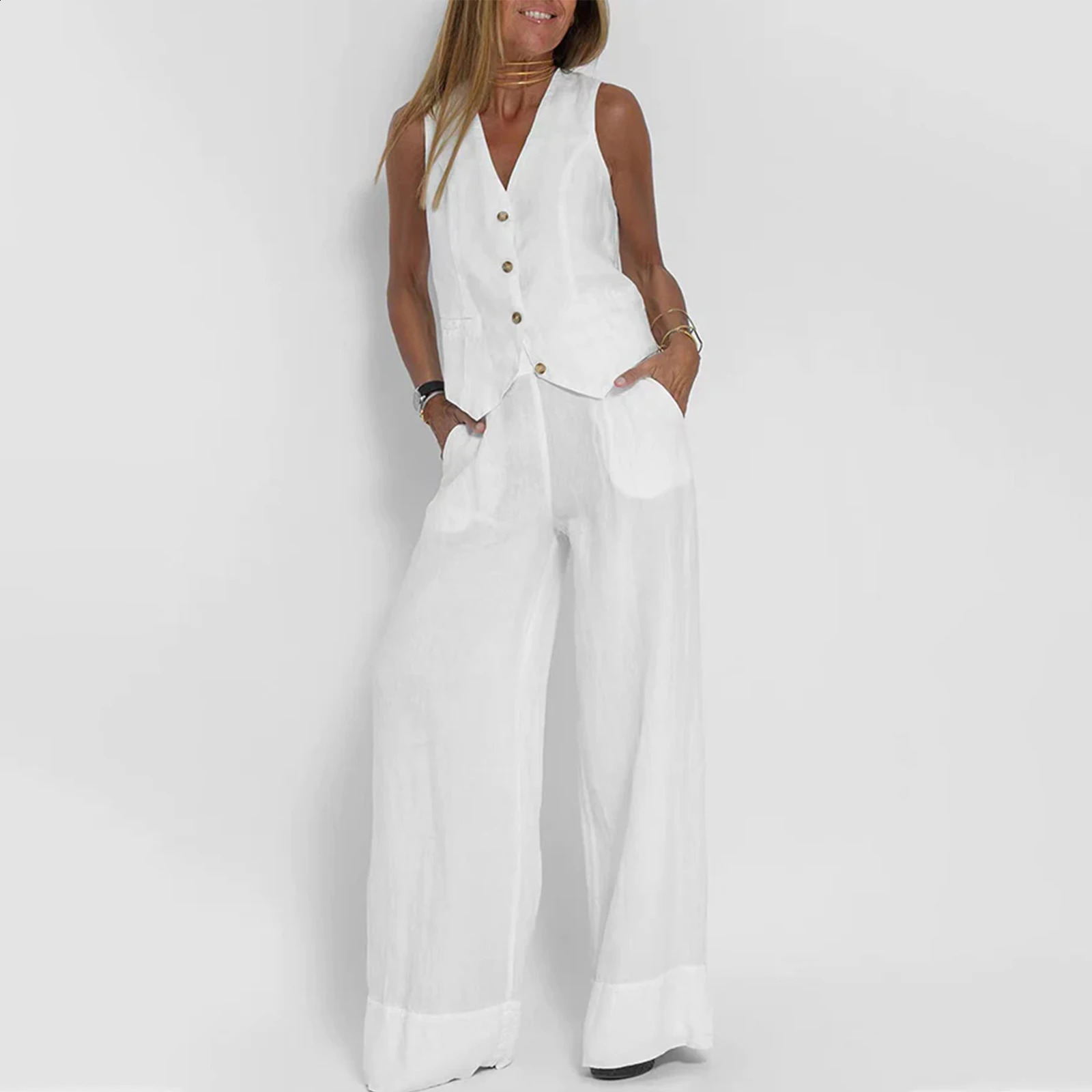Imcute Women 2 Piece Blazer Set Casual Cotton Linen Sleeveless Button Vest Wide Leg Pants Set Streetwear Aesthetic Clothes 251204