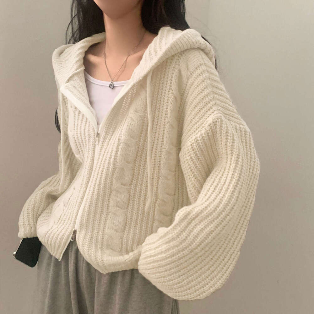 Autumn Winter New Korean Style Lazy Loose Twist Double Zipper Hooded Long Sleeve Knitted Sweater Cardigan Jacket For Women B5
