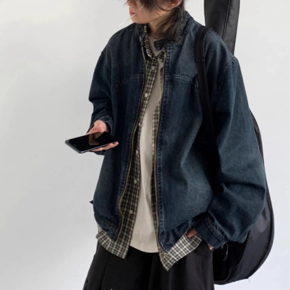American Retro Washing Work Clothes Denim Jacket Spring Autumn Simple Street Casual Trend Niche Stand Collar Aesthetic 251129