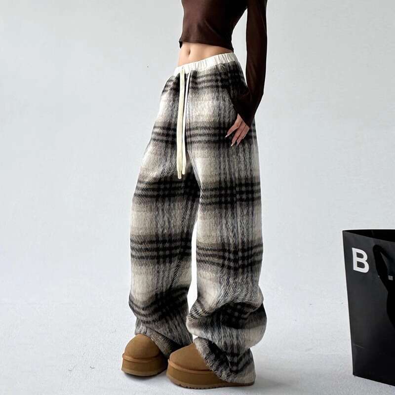 Fleece-Lined Thickened Woolen Plaid For Women, New Autumn And Winter Style, Straight-Leg Casual High-Waisted Loose Lazy Floor-Length Pants B5