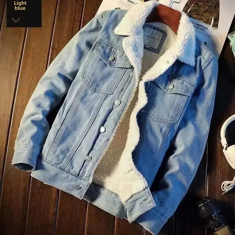 Mens Vintage Denim Jacket American Style Loose-Fit Cotton Coat With Fleece Lining And Thickened Cotton Pad For Autumn/Winter 251205