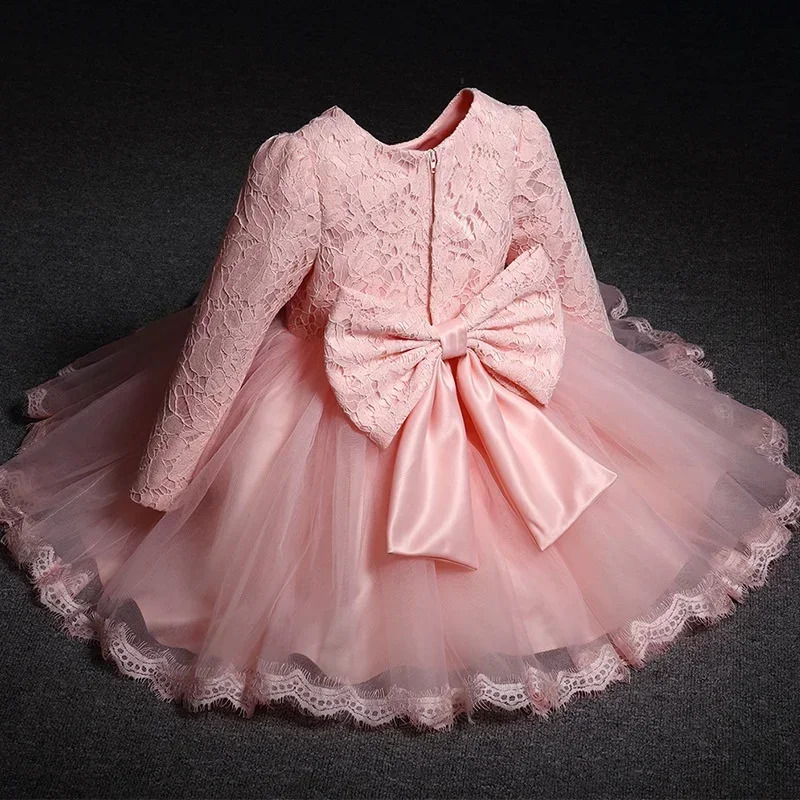 Abito a maniche lunghe per bambina nata Anno di matrimonio Abiti da festa per bambini in pizzo Infant 1st Pink Birthday Princess Abito da battesimo