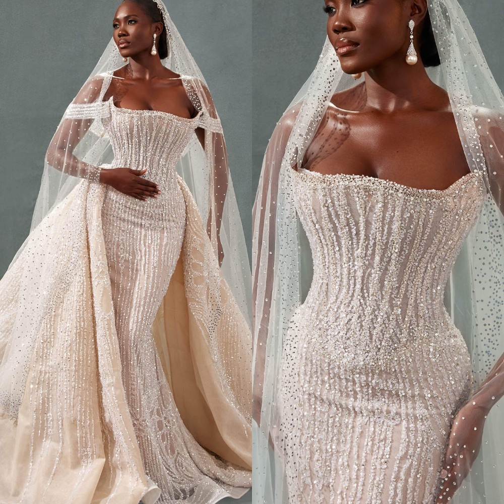 Stylish Sequins Wedding Dresses Strapsless Bridal Gowns with Detachable Train Backless Mermaid Customized Vestidos De Novia Plus Size