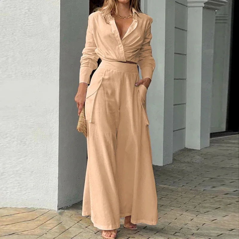Solid Long Sleeve Crop Shirt Women Elegant Pants Sets High Waist Two Pieces Set Casual Work Suit Womens Female Outfits Clothing 251204