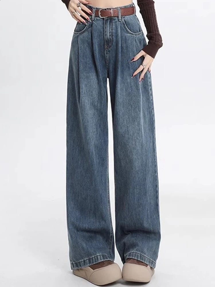 Jeans da donna a vita alta con gamba dritta Pantaloni larghi in denim larghi da donna Pantaloni coreani kaki retrò blu grigio chiaro bianco 251209