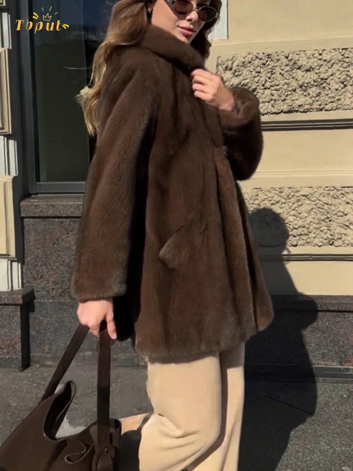 Women y Faux Fur Jacket With Belt Elegant Vneck Long Sleeve Loose Warm Coat Female Winter Daily Commute Street Outerwear 251209