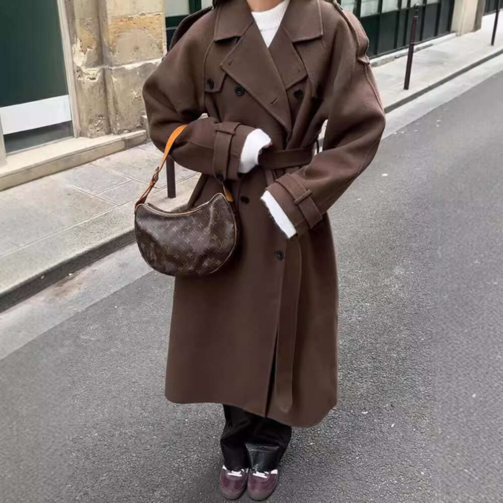 European And American Style Turn-Down Collar Long Waist-Tie Woolen Coat For Women B5