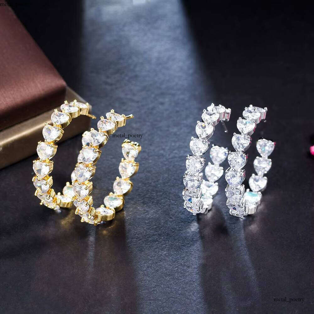 Sparkling Genuine White Heart-Shaped Cut Real VVS Moissanite C-Shaped Large Hoop Earrings for Women Gold-Plated Jewelry