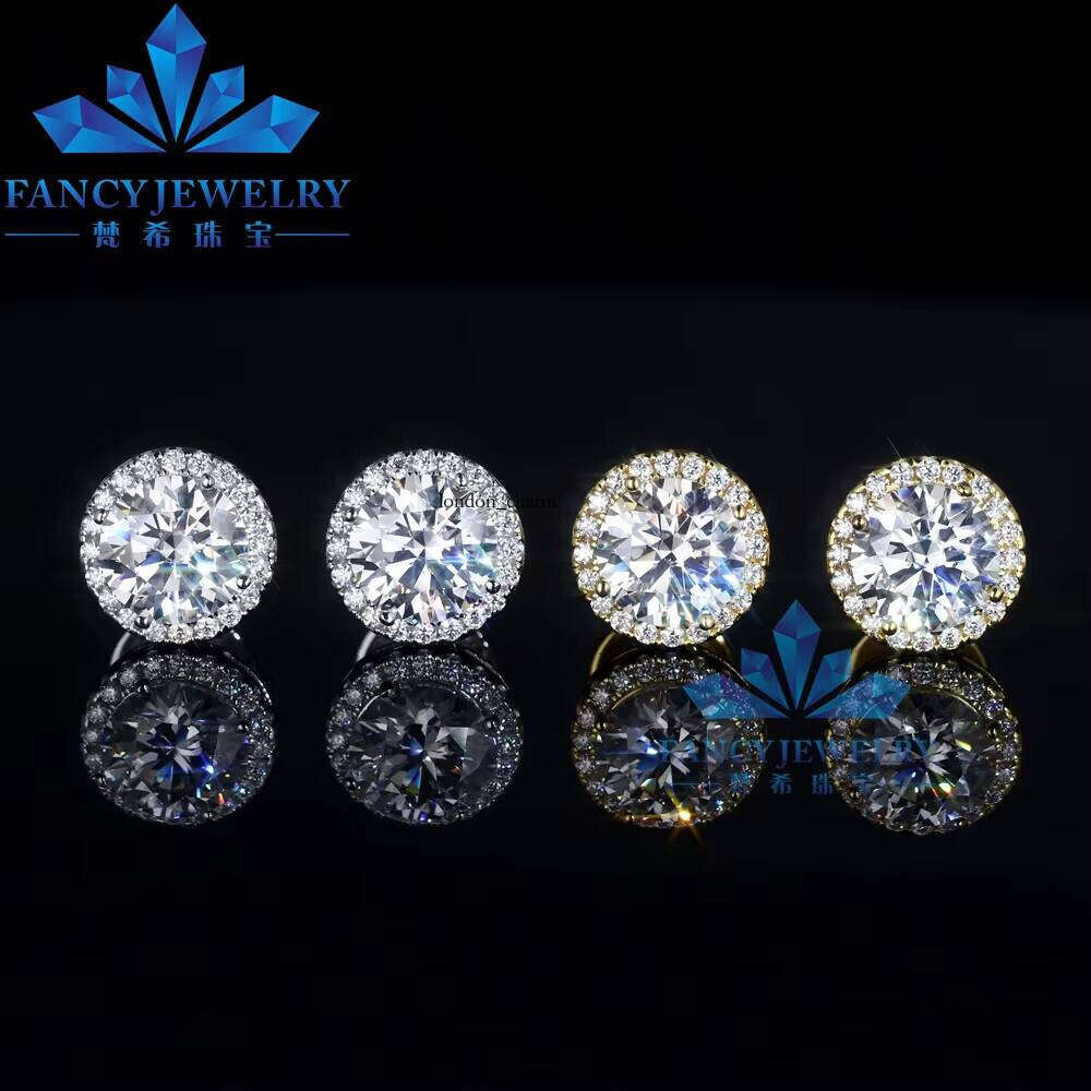 VVS Moissanite 2 CT 8mm Halo White Yellow Gold Plated D VVS Carbon Silicon Stone Gra Butterfly Lock Women's Earrings 925S