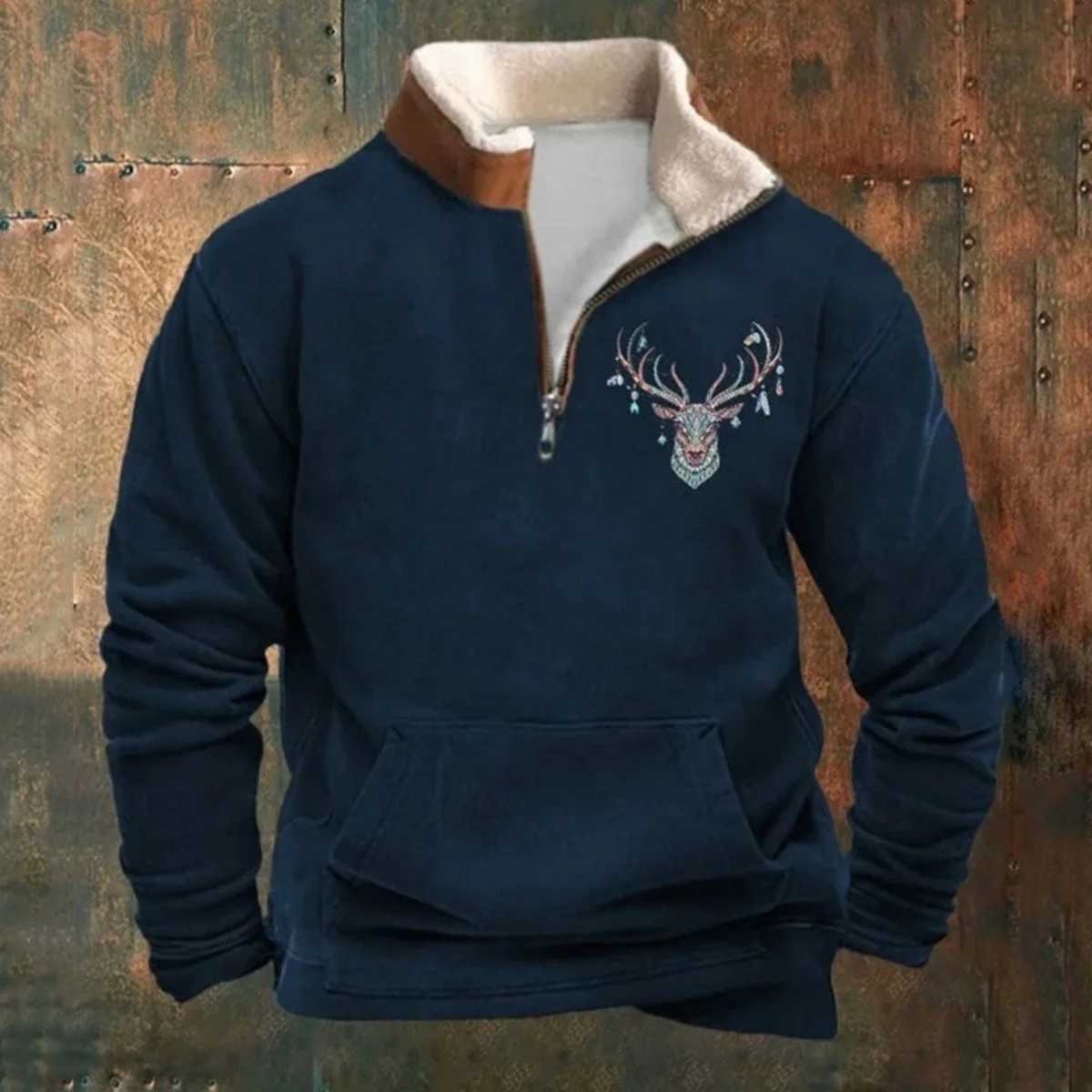 Mens casual pullover with vintage print stylish stand-up collar half-zip closure long sleeve suitable for autumn and winter W251209