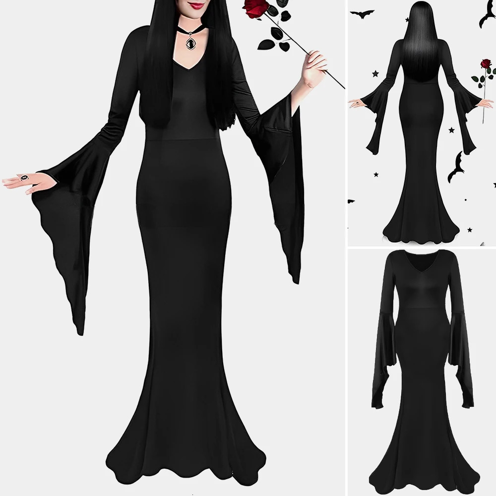 Abiti da donna 2025 Autunno Elegante Nero Sirena Silhouette Manica lunga svasata Profondo scollo a V Abito da festa drappeggiato 251128
