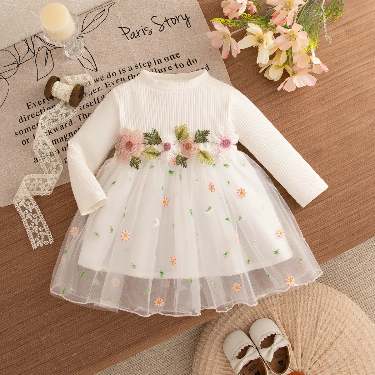 Baby Girl Dress Spring And Autumn Flower Pattern Solid Color Girls Dresses Long Sleeved Fluffy Cute Casual Clothing 251018