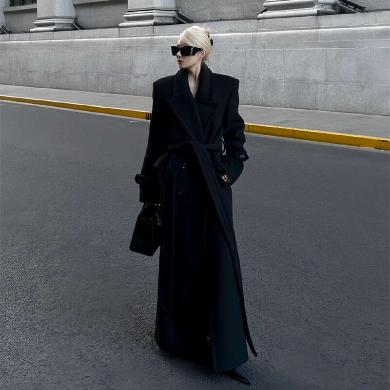 Tall Black Coat For Women Winter Mid Length Heavy Craft Wide Shoulder Woolen Overcoat Luxury