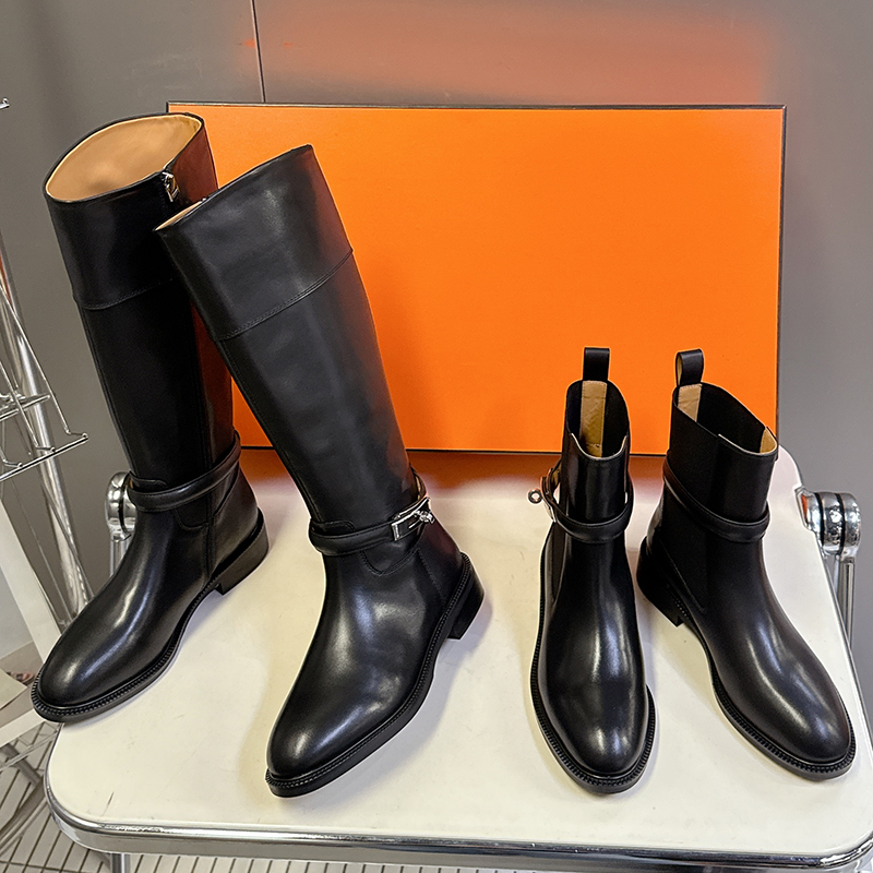 Black cow leather designer boots woman knee high boots designer womens boots autumn winter boots riding boots low heels boot with zip ankle boots cl