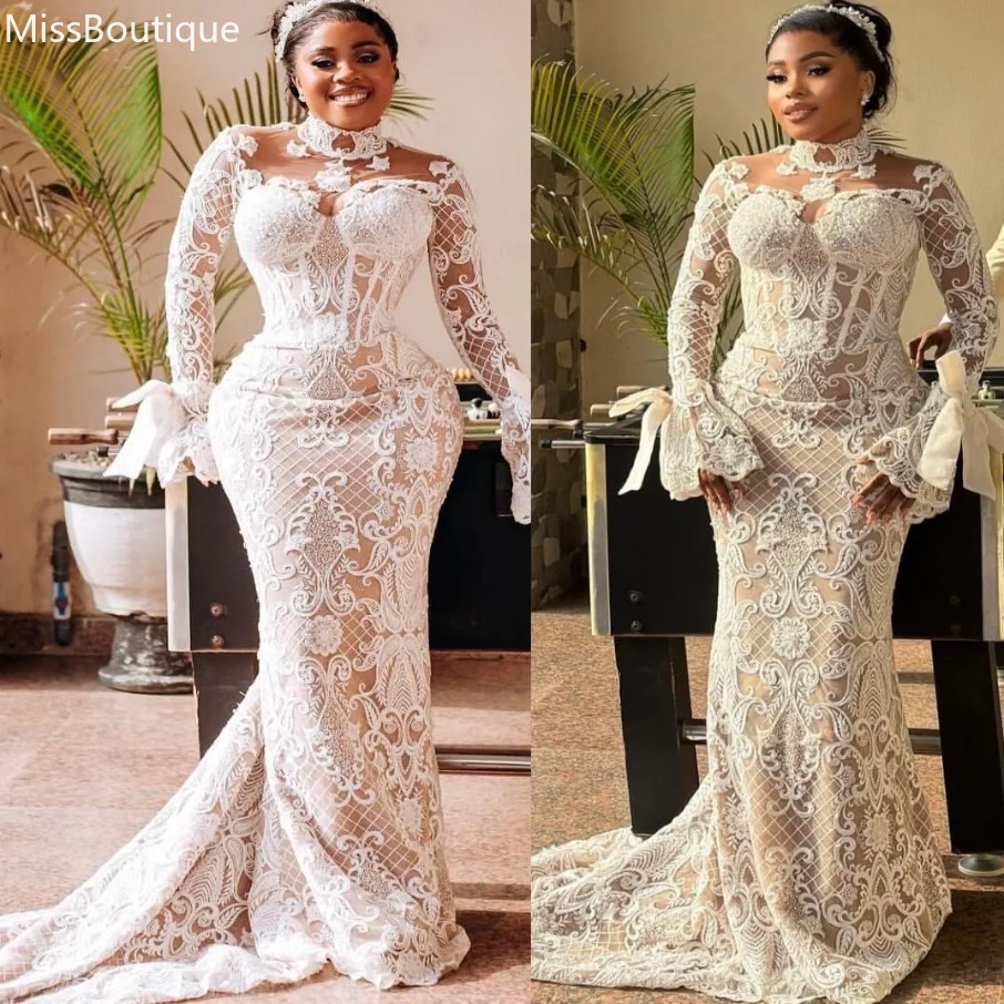 Vintage Arabic Aso Ebi Plus Size Ivory Illusion Mermaid Wedding Dresses Floral Lace Full Sleeves Vintage Charming Bridal Gowns Dress For Bride 1209