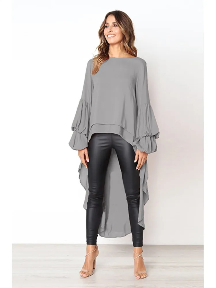 Elegant Solid Color Chiffon Shirts Women O Neck Lantern Sleeves Irregular Long Blouses Tops Temperament Lady Commuting Clothing 251209