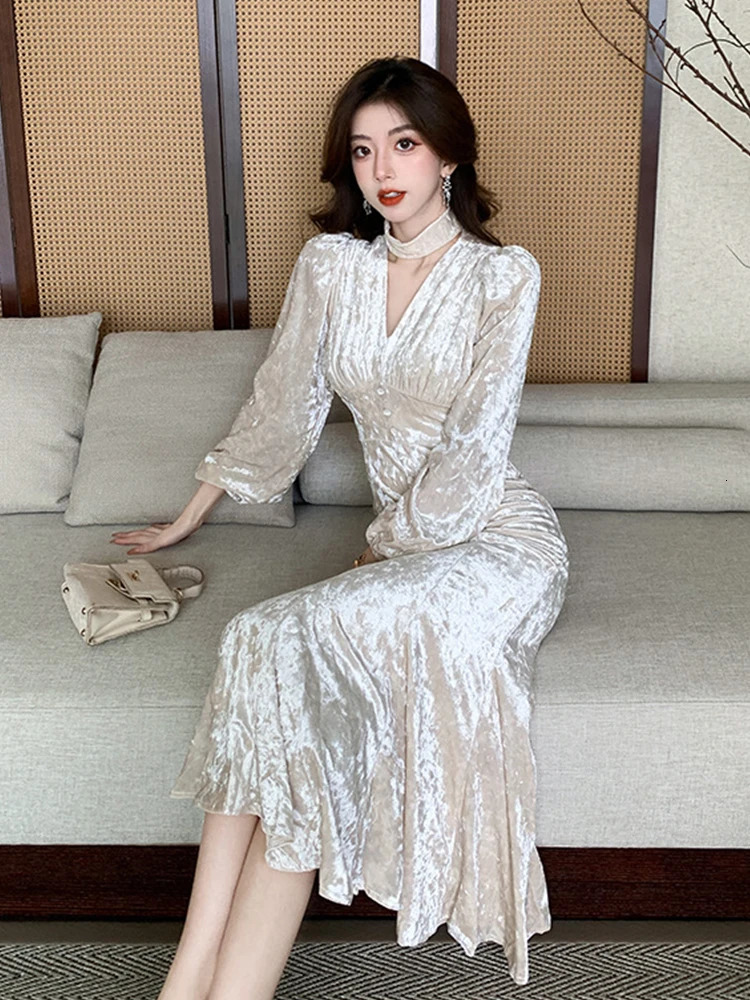 Women Clothes Retro Velvet Sexy Hollow V-Neck Slim Mermaid Long Dress Elegant Ladies Fashion Party Prom Vestido Evening Robe 251205