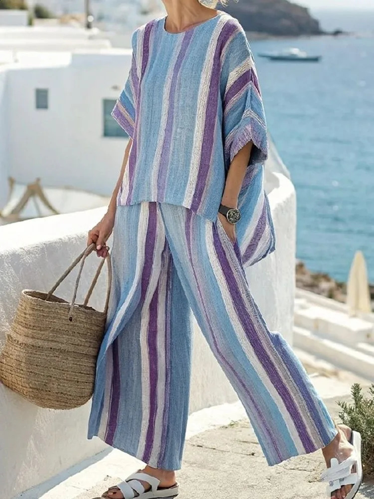 Summer Casual Striped Printed Half Sleeved Long Pants 2piece Set For Womans Loose Retro Long Pants Pocket Vacation Womens Set 251204