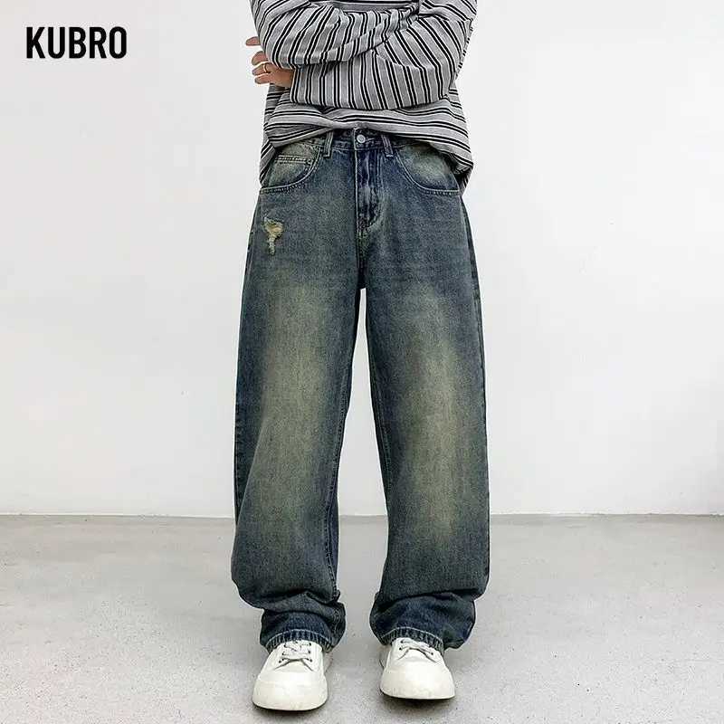 Vintage Distressed Straight-leg Jeans American Style Baggy Bottoms Mid-waisted Autumn Winter Causal Version for Men Ripped Denim M251209