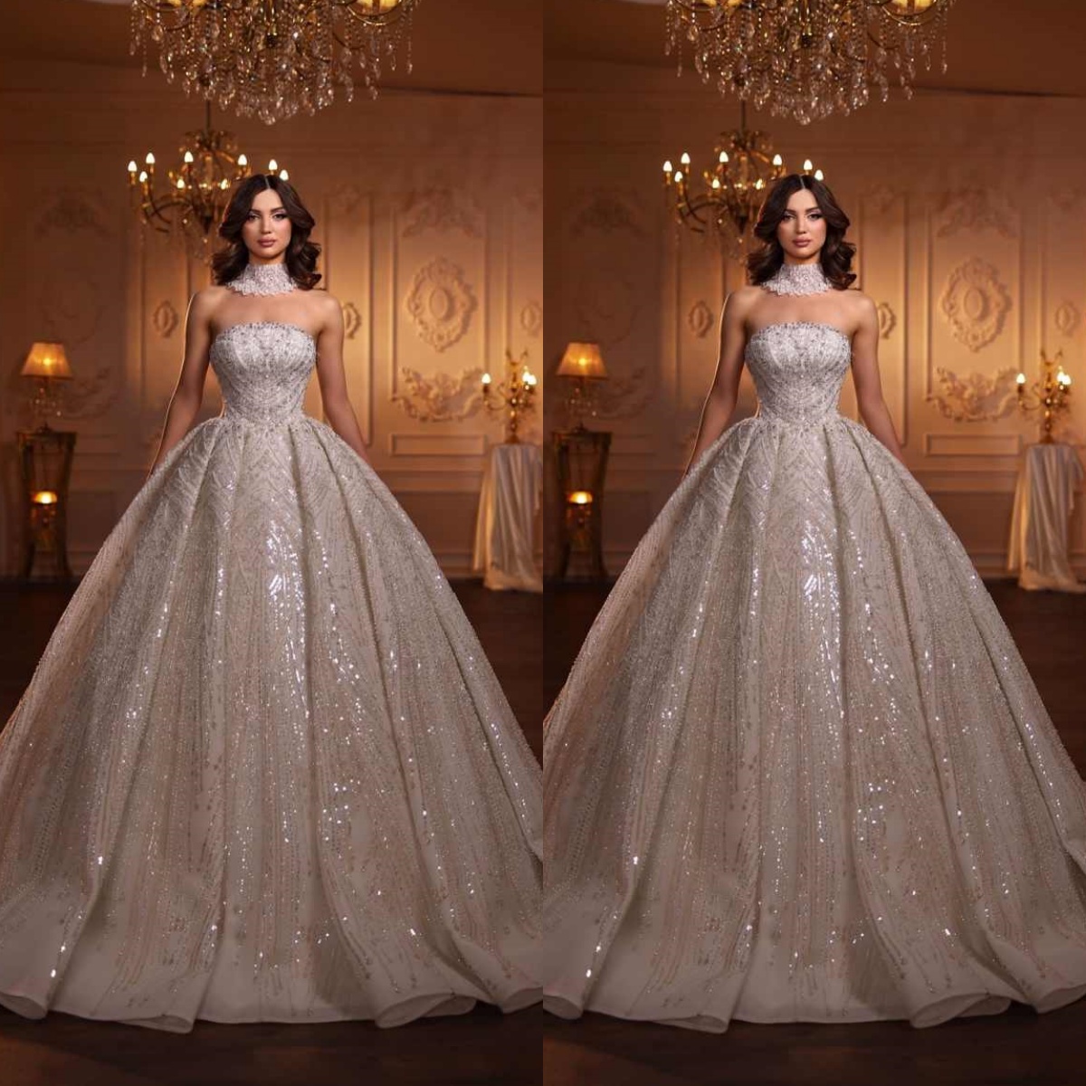 Luxurious Strapless Wedding Dress Ball Gown Elegant Sequined Sleeveless Bridal Dress Customized Floor Length vestidos de novia