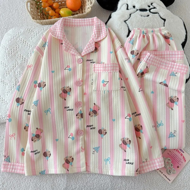 Korean Cute Striped Dog Womens Pajamas Set Y2K Basic Fashion Casual 2PC Sleepwear Autumn Winter Long Sleeve Loungewear 251129