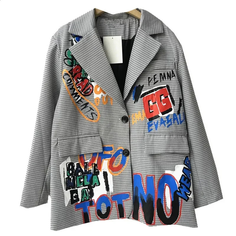 Spring and Autumn Womens Blazer n Sense Unique Graffiti British Style Suit Plaid Casual Long Sleeve Loose Jacket 251201