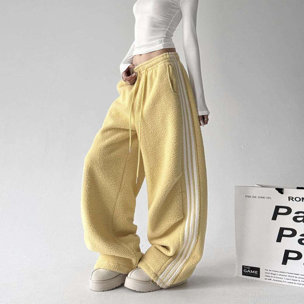 Fleece Lamb Wool Sweatpants High-End Casual For Women Winter New High-Waisted Drawstring Straight Wide-Leg Long Pants B5