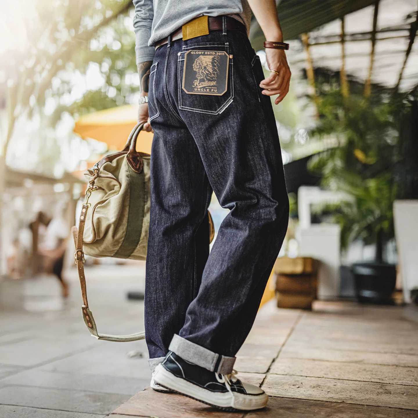 Maden Vintage 12oz One-Washed Denim Jeans for Men Straight Wide Leg Trousers Loose Fit Zip Fly Casual Pants for Fall Winter M251209