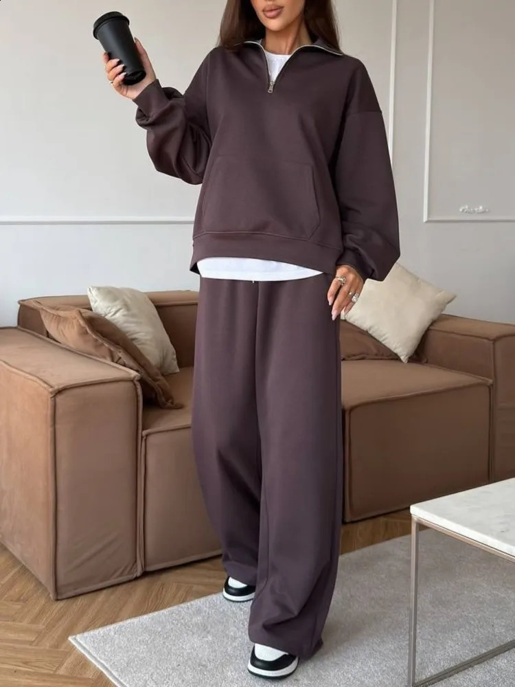 Womens Comfortable Casual Solid Color Two-piece Set Autumn And Winter Lapel Pullover Long-sleeved Sweatshirt Wide-leg Pants Set 251204