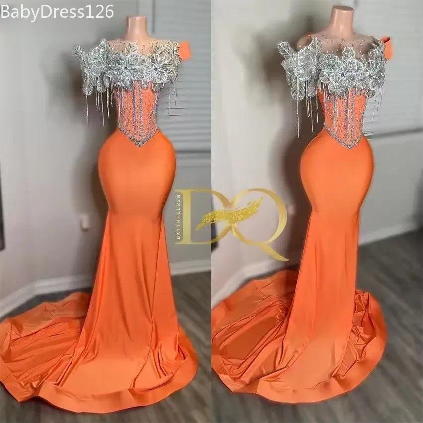 Abito da ballo a sirena arancione glitterato: applicazioni di cristalli con perline, nappe, abito da festa di lusso, vestibilità personalizzata