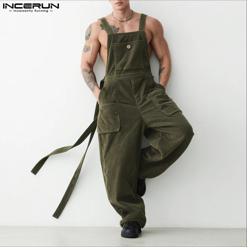 INCERUN Men Jumpsuits Solid Corduroy Sleeveless Casual Straps Rompers Men Streetwear Loose Pockets 2025 Fashion Cargo Overalls251205