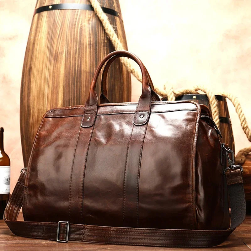 MAHEU Smooth Leather Travel Bag Men Women Unisex Vintage Travelling bags hand luggage brown cowhide travel totes high capacity 251201