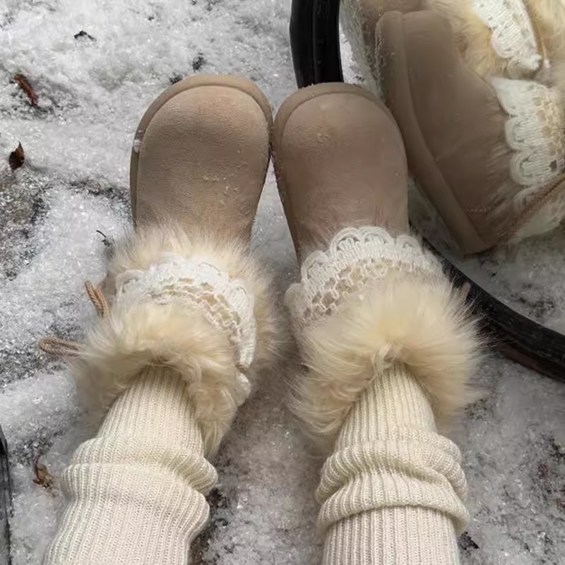 Luxury boot 2025 Women's Fleece-Lined Warm Winter Boots Lace Trim Fuzzy Collar Soft Suede Upper Non-Slip Sole Snowy Weather Casual Footwear Fre
