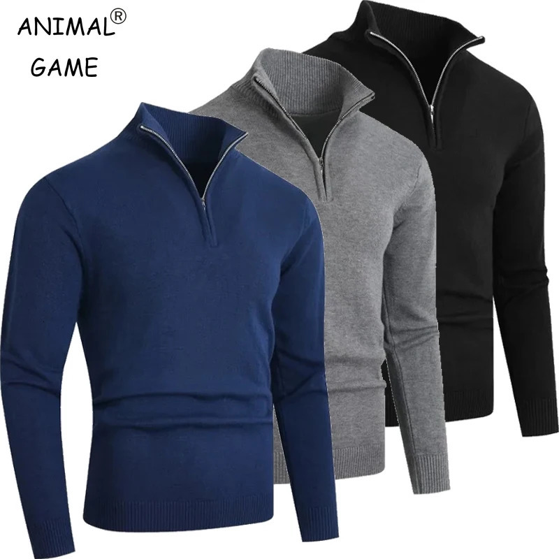 Autumn Mens Zip Pullover Sweater Lightweight Mock Neck Woolen Polo Sweaters Knit Casual Solid Color Cardigan Winter Warm Tops251205