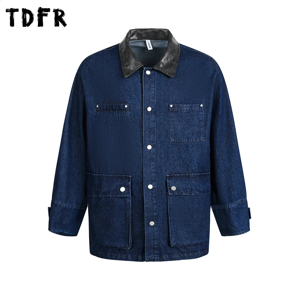 MultiPocket Denim Jacket Mens Retro Casual Autumn Single Breasted Spliced Lapel Long Sleeve Outerwear Man 251129