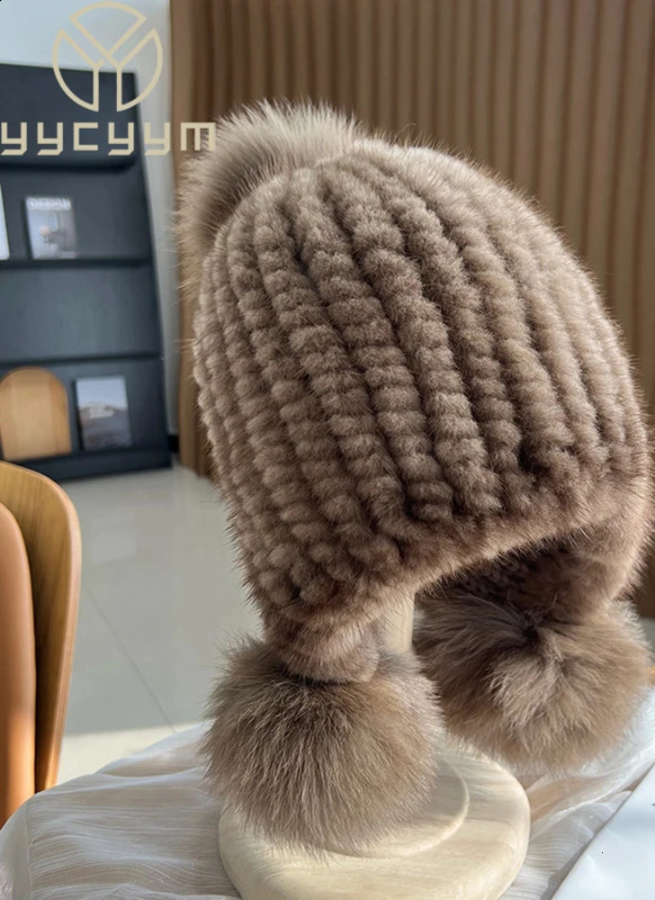 Winter Real Hat For Women Knitted Mink Ear Warm Spiral Beanies Cap With Fox Fur Pompom On The Top 240910