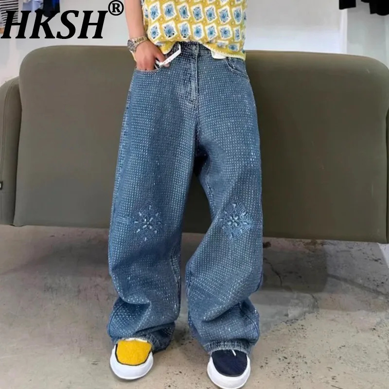 HKSH Spring Autumn Men Punk Full Shiny Jeans Unisex Straight Niche n Multi Diamond Trendy Long Denim Pants HK15546 251129