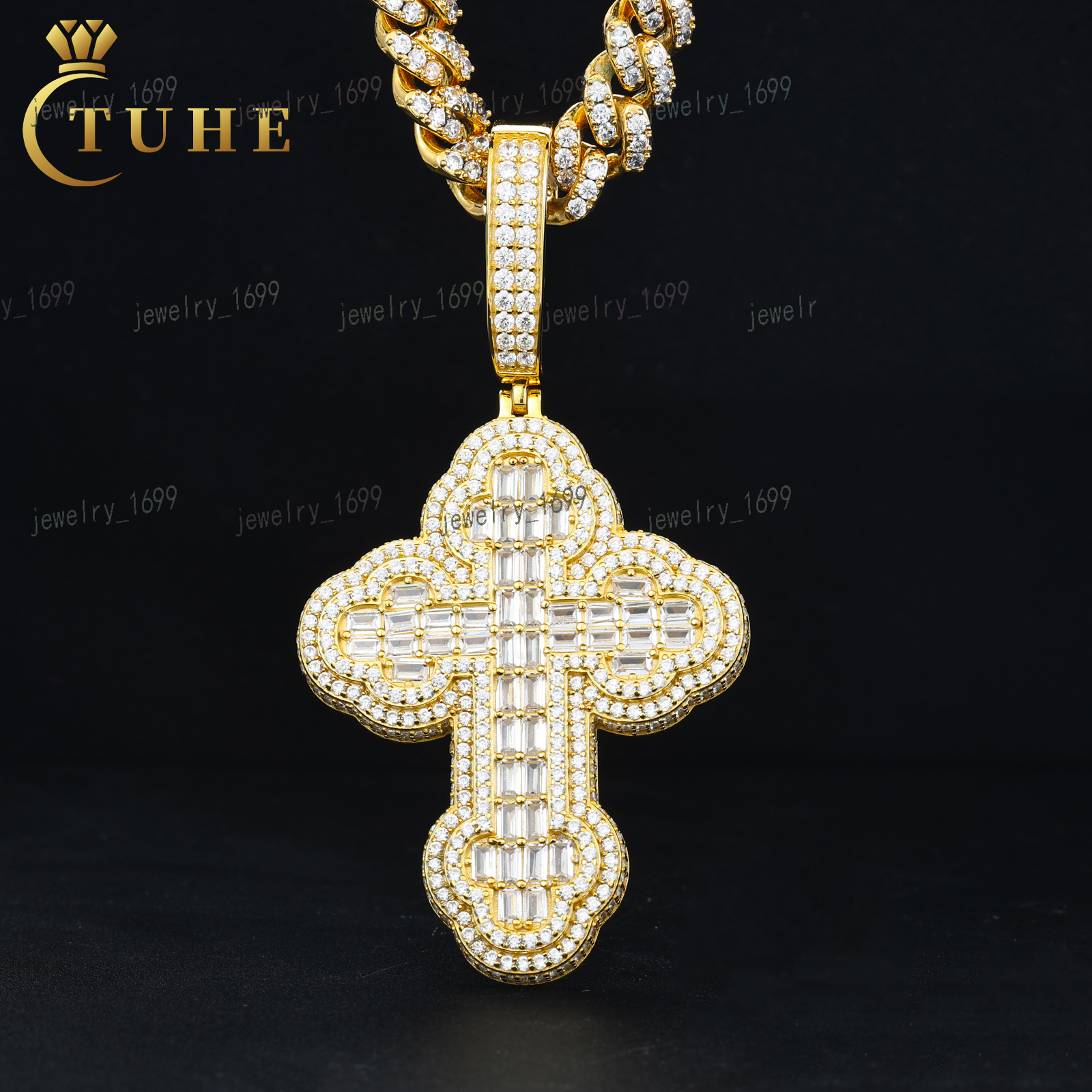 Fine Hip Hop Jewelry Custom 925 Sterling Silver 3 Sizes Baguette Moissanite Iced Out Cross Pendant for Men