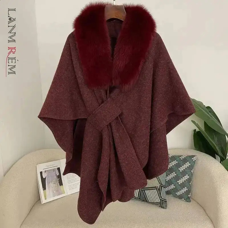 LANMREM Autumn Winter Real Fox Fur Collar Cape Shawl Loose Womens Knitted Cardigan Jackets Lightweight Woolen Coat 2DB4003 251204
