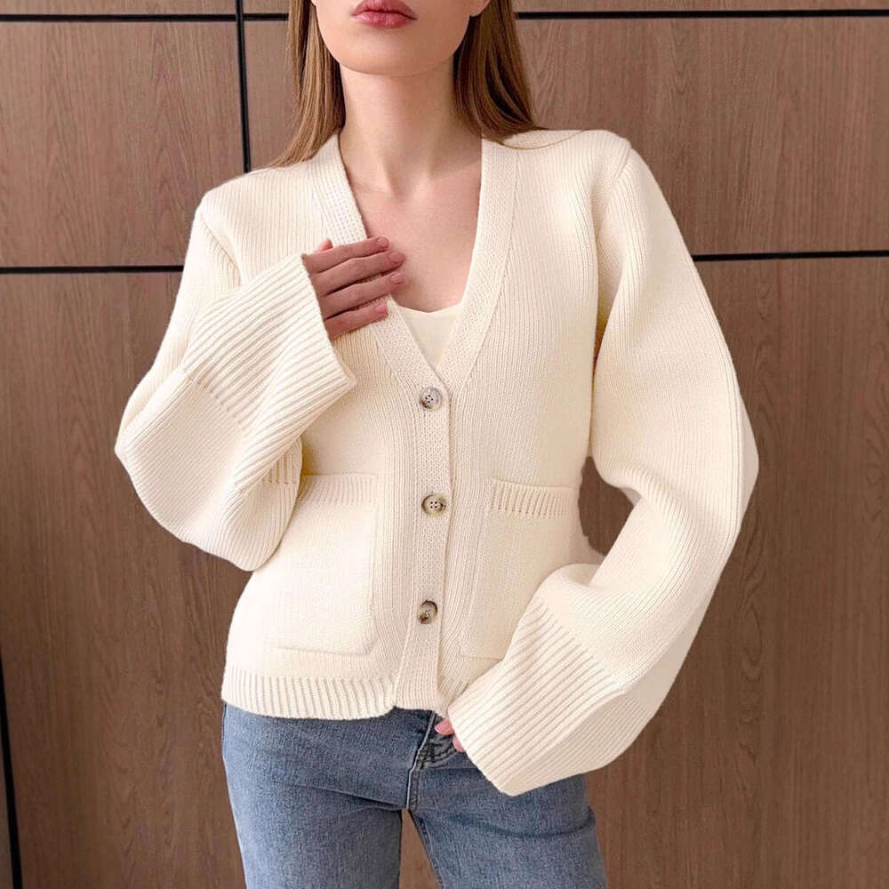 European And American Style Lazy Sweater Women's Coat Autumn Winter New Casual Solid Color V-Neck High Waist Knitted Pocket Cardigan B5