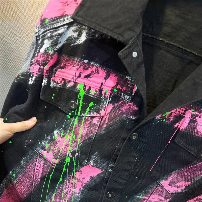 Harajuku Vintage Hand-painted Graffiti Print Contrast Color Patchwork Black Denim Jacket Spring Loose Casual Women Jeans Jacket 251201