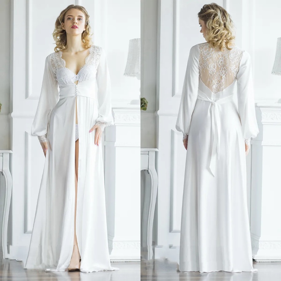 Elegant Women Robe Bridal Nightgown V-Neck Long sleeve Appliques Bridesmaid Pajamas Dressing Shower Gown for Photography Custom Made 1209