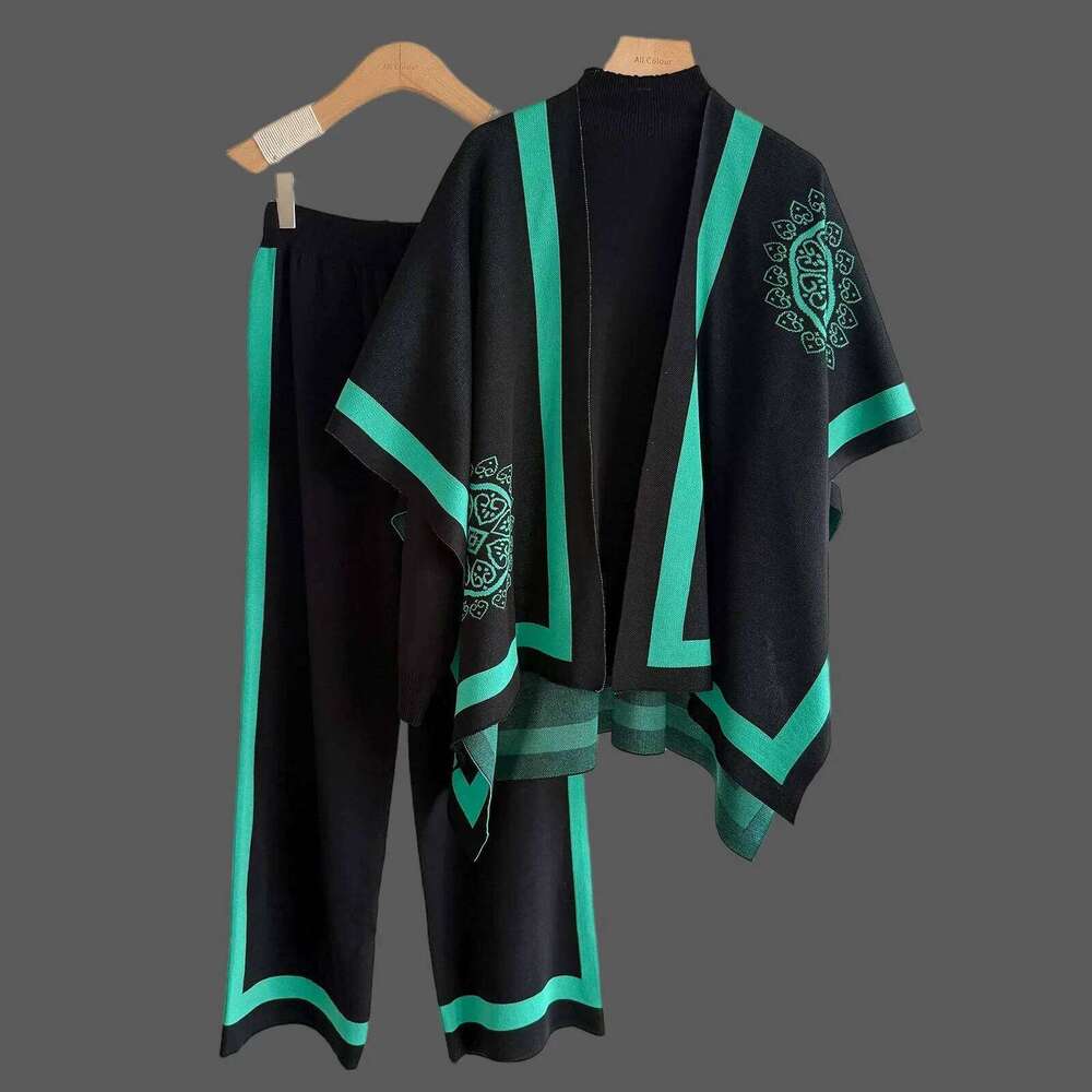 Casual Knitted Sweater Cape Wide Leg Pants Three Piece Set Women's Autumn Winter New Leisure Fashion Lazy Style Ensemble